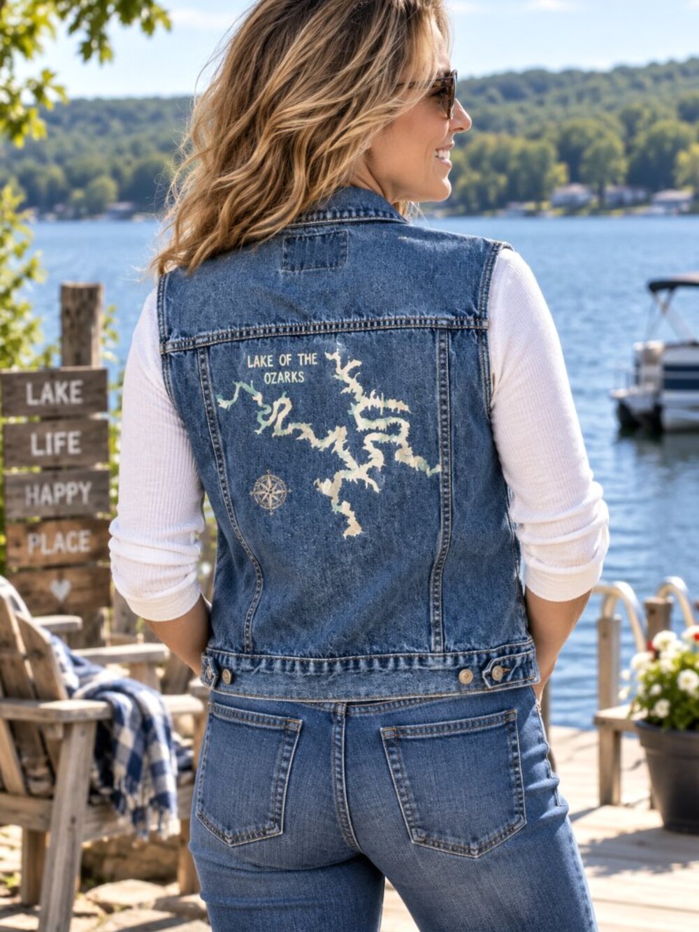 Lake of the Ozarks Upcycled Denim Vest Painted Sleeveless Jacket Junior Size M